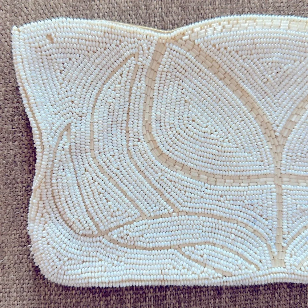 Vintage Beaded Tulip Clutch Purse Handheld Bag Cream Beads Vtg - Picture 3 of 5